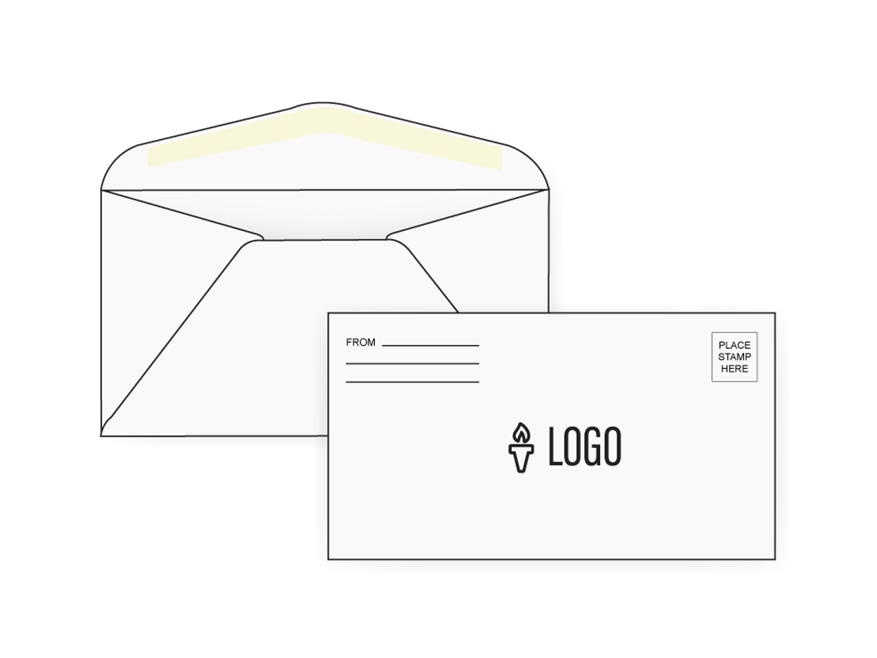 Open white envelope with yellow adhesive strip and a blank mailer card featuring logo placeholder and stamp area.