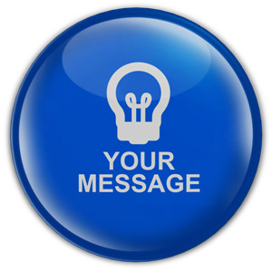 Blue glossy circular button with white lightbulb icon and text "YOUR MESSAGE"