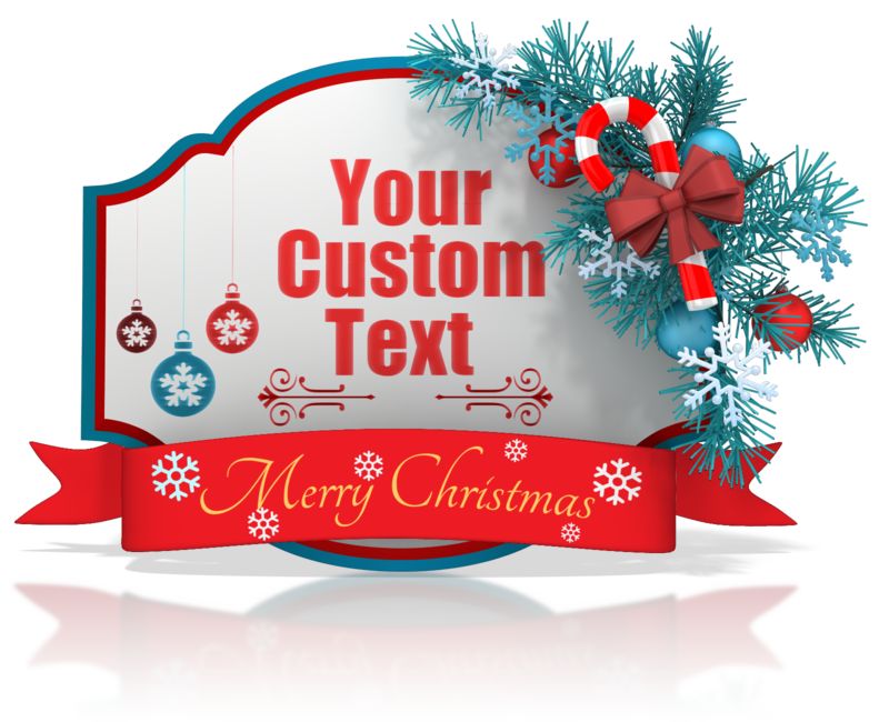 Festive Christmas banner with custom text placeholder, ornaments, candy cane, pine branches, and "Merry Christmas" ribbon.