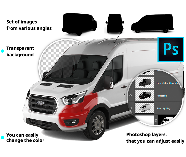 White Ford Transit van with red front bumper, shown in Photoshop editing interface with layer options for lighting and reflection.