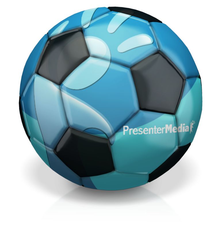 Blue and black soccer ball with glossy finish and "PresenterMedia" logo on white background.