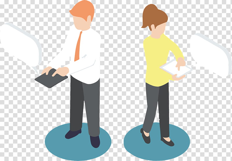 Two illustrated professionals using digital devices with speech bubbles, suggesting collaboration or communication.