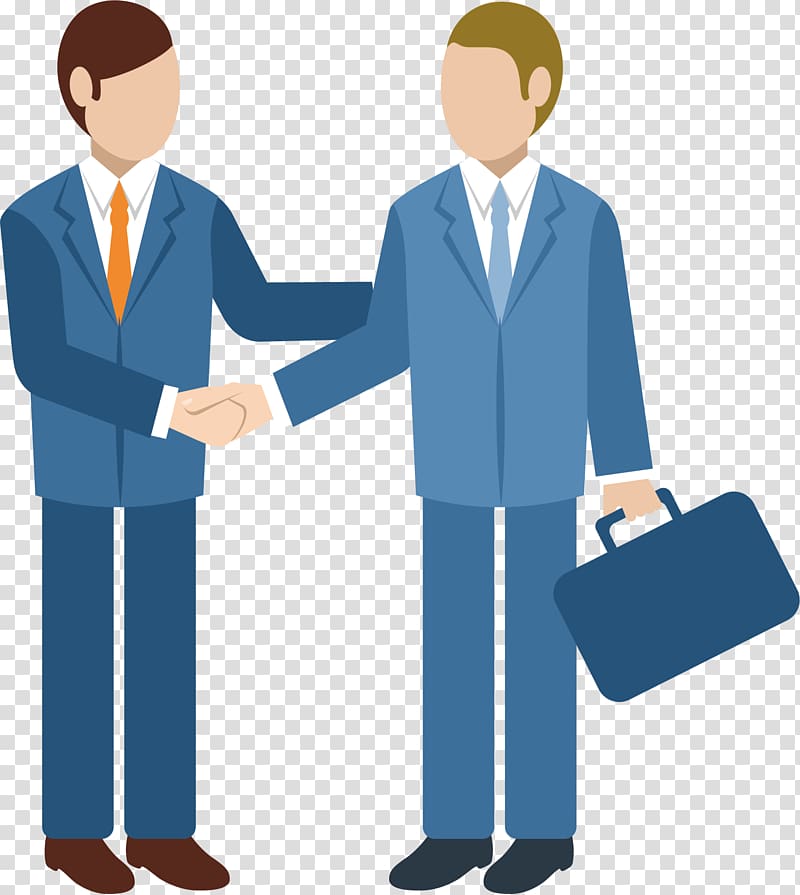 Two businessmen in suits shaking hands; one holds a briefcase.