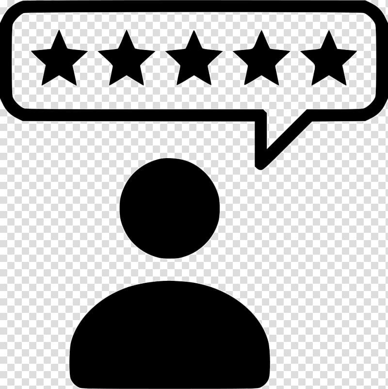 Silhouette of a person with a speech bubble showing five filled stars, indicating a top customer review or rating.