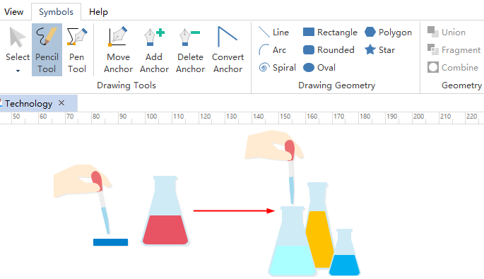 Hand using pipette to transfer liquid between lab flasks, illustrating scientific experiment or chemistry process.