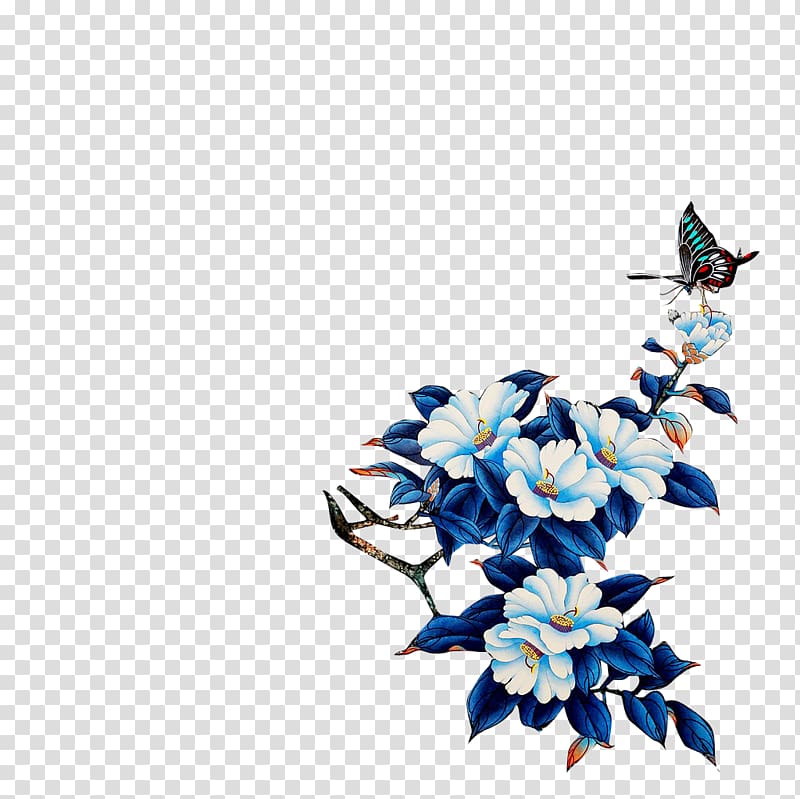 Blue and white floral branch with a colorful butterfly perched on blossoms, artistic illustration on transparent background.