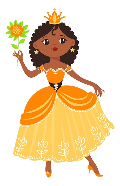 A smiling Black princess in a yellow-orange gown with floral patterns, wearing a golden crown and holding a sunflower.