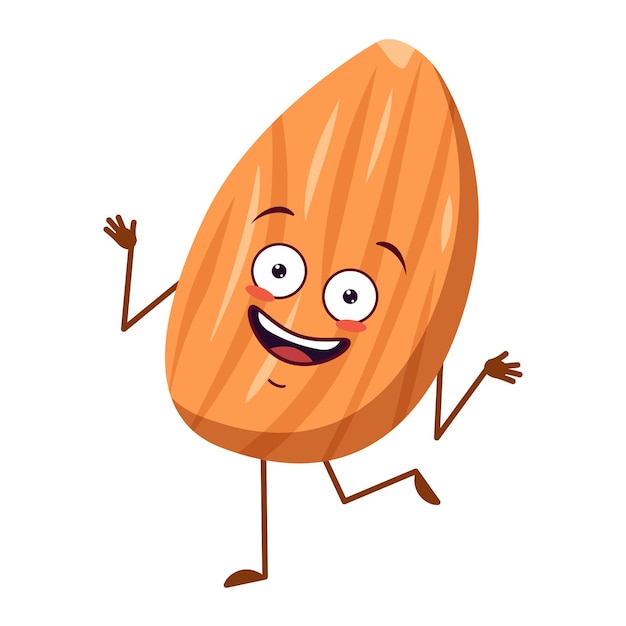 Cheerful cartoon almond character waving and running with a big smile.