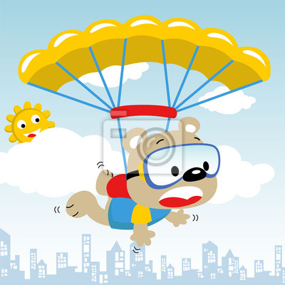A cartoon bear wearing goggles and a parachute jumps joyfully over a city skyline with a smiling sun nearby.