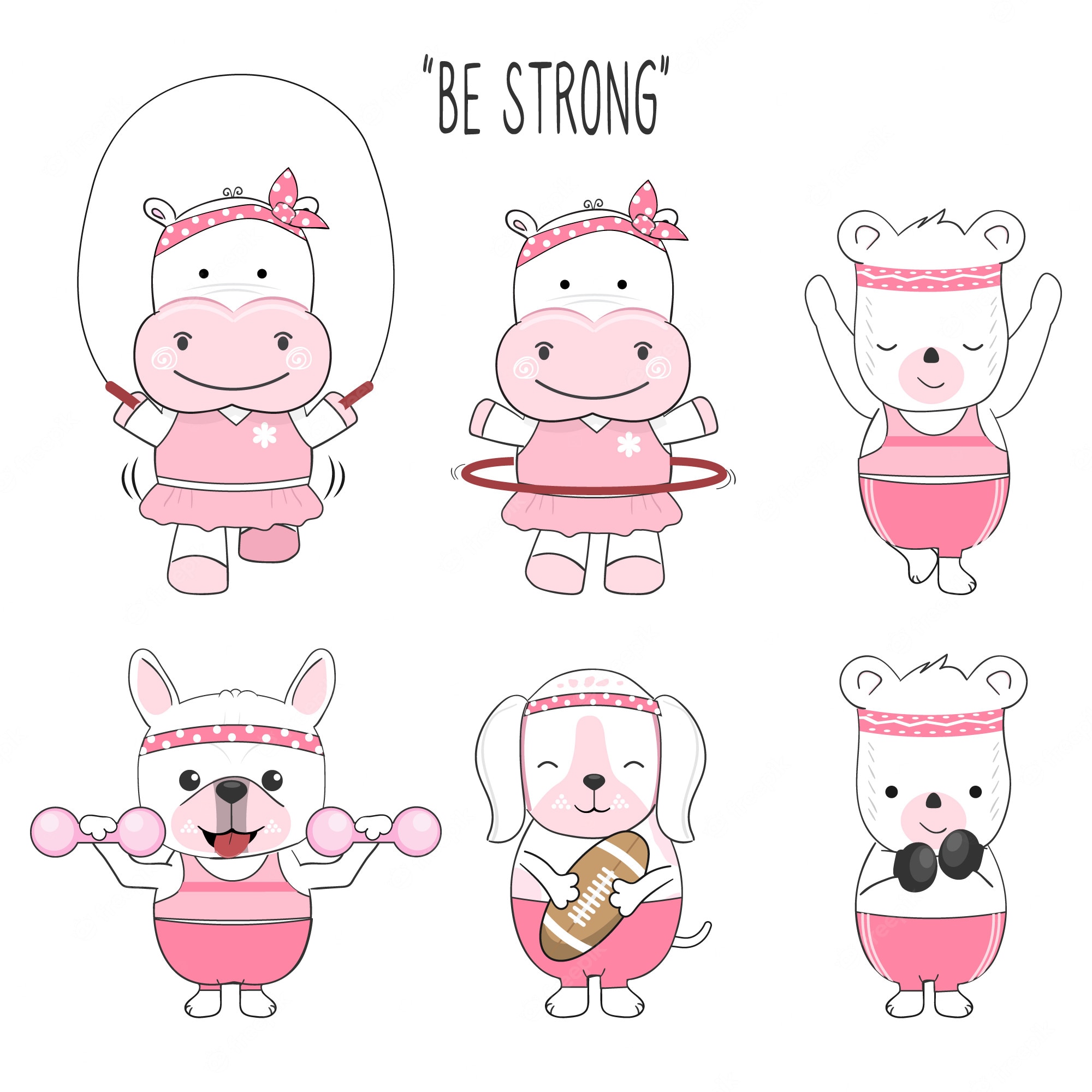 Six cute cartoon animals-hippos, bears, and dogs-in pink workout gear doing fitness activities like jump rope, hula hoop, and weightlifting.