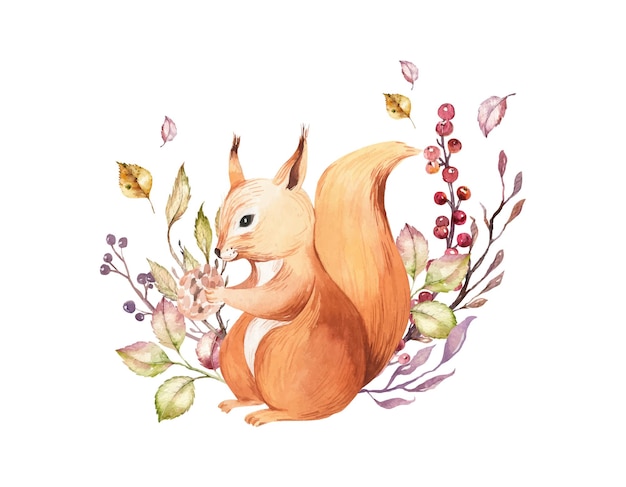Watercolor illustration of a red squirrel holding a pinecone, surrounded by autumn leaves and berries.