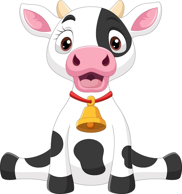 Cute cartoon cow with black-and-white spots, pink nose, and a golden bell on red collar, sitting and smiling.