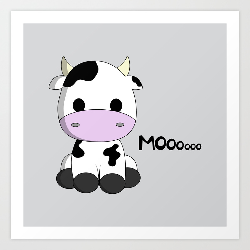 Cute cartoon cow sitting with purple muzzle, black spots, and "MOOoooo" text on gray background.