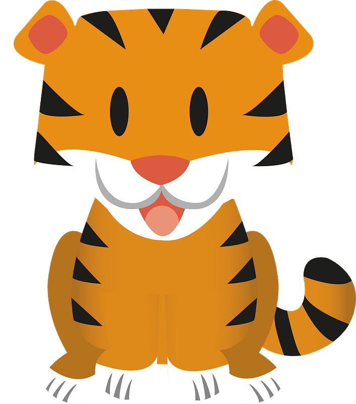 Cute cartoon tiger sitting with open mouth, orange fur, black stripes, white muzzle and paws.