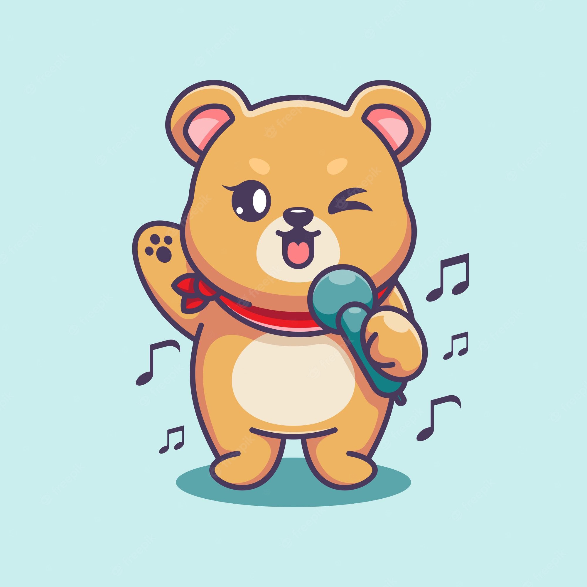 Cute cartoon bear singing into a microphone with musical notes, winking and waving.