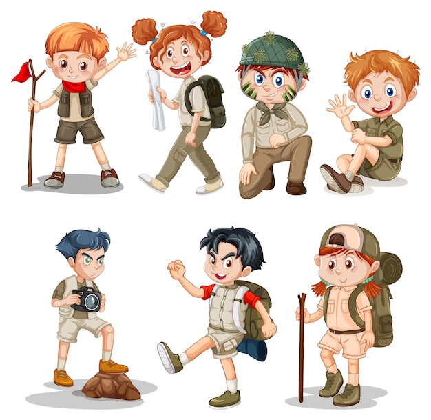 Seven cartoon children in scout and explorer outfits engaging in outdoor activities like hiking, photography, and map reading.
