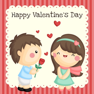 Cute cartoon boy offering a red rose to a smiling girl with hearts floating around, celebrating Valentine’s Day.
