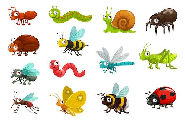 Collection of 14 colorful cartoon insects including ants, bees, butterflies, snails, and ladybugs on white background.