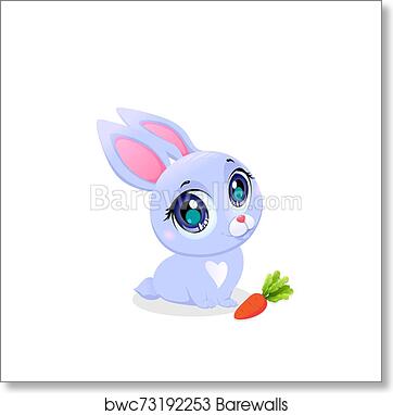 Cute purple cartoon bunny with big blue eyes sitting beside a carrot on white background.