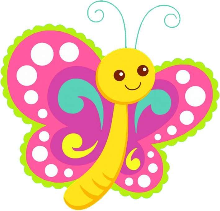 Cheerful cartoon butterfly with pink wings, white polka dots, purple swirls, and a smiling yellow head.