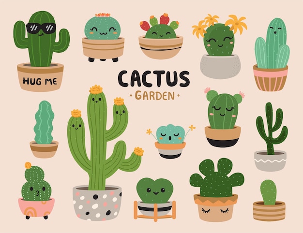 A cheerful collection of cartoon-style potted cacti with expressive faces, flowers, and accessories like sunglasses and polka-dot pots.