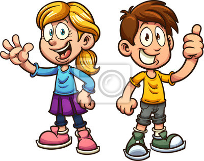 Two cheerful cartoon children giving thumbs-up and waving, smiling brightly in colorful casual clothes.