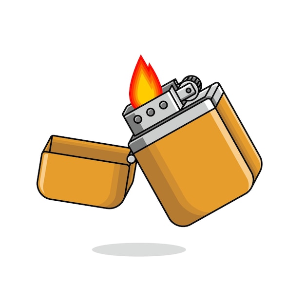 A yellow metal lighter with its lid open and a bright flame ignited, illustrated in clean cartoon style.