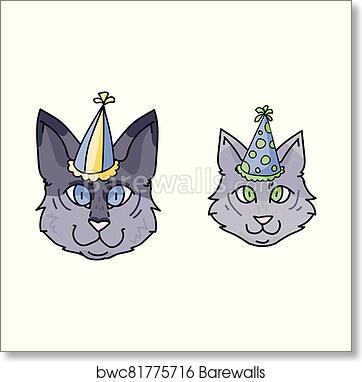 Two cartoon gray cats wearing colorful party hats, one with blue eyes and one with green eyes.