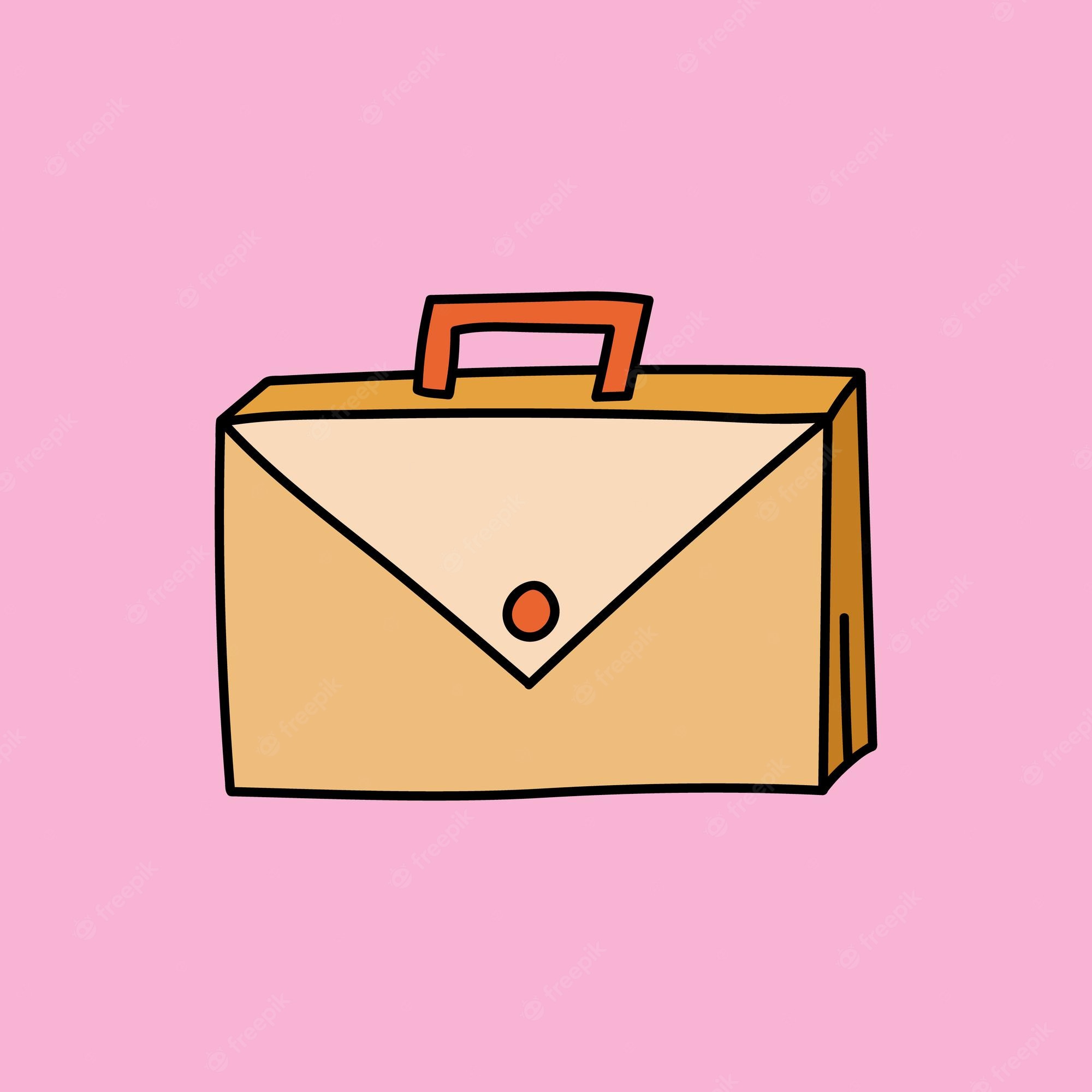 Hand-drawn beige briefcase with orange handle and button closure on pink background.