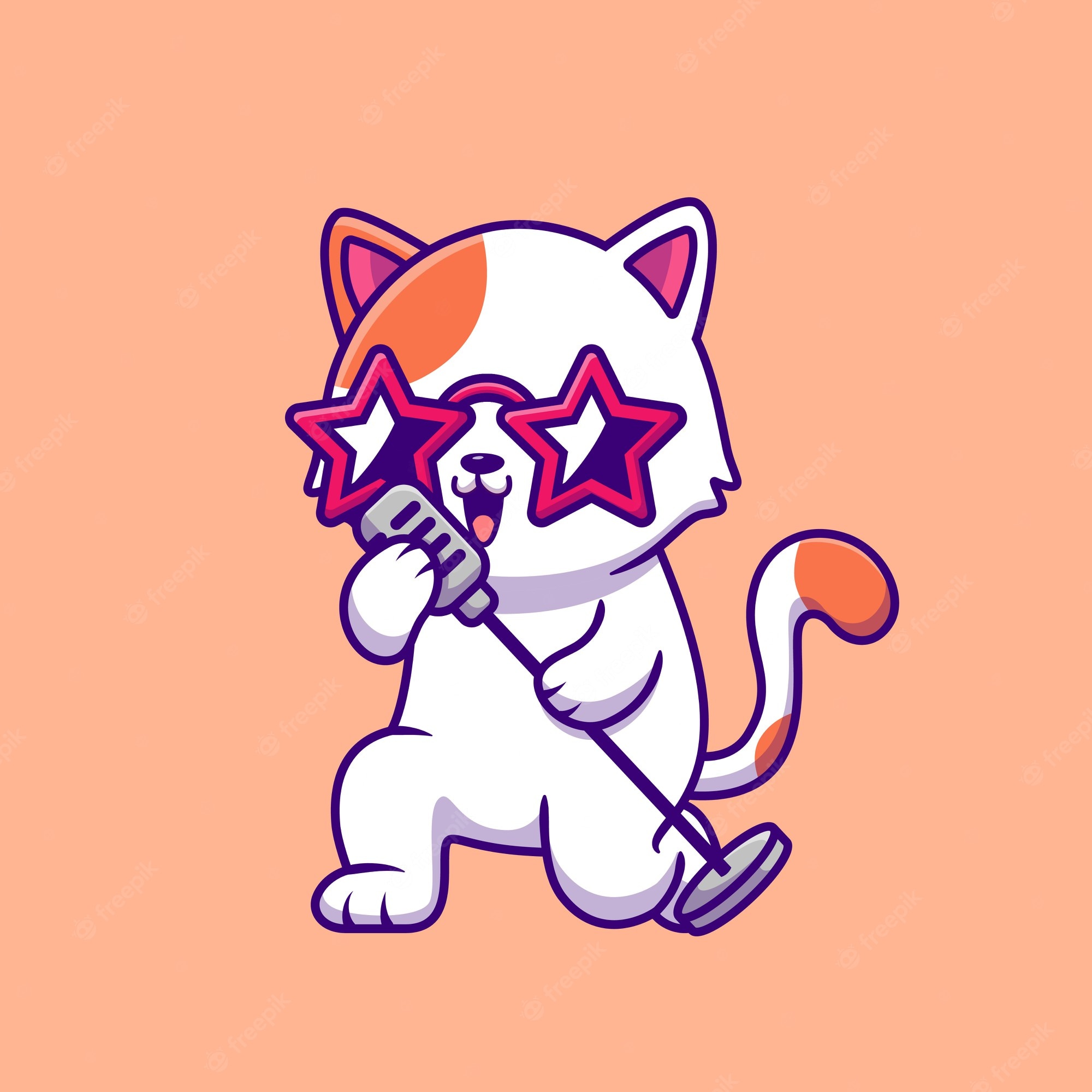 A cute cartoon cat wearing star-shaped sunglasses sings into a microphone with joyful expression.