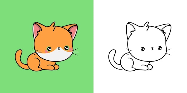 Cute orange kitten illustration with white muzzle and pink ears, shown in colored and line-art versions side by side.
