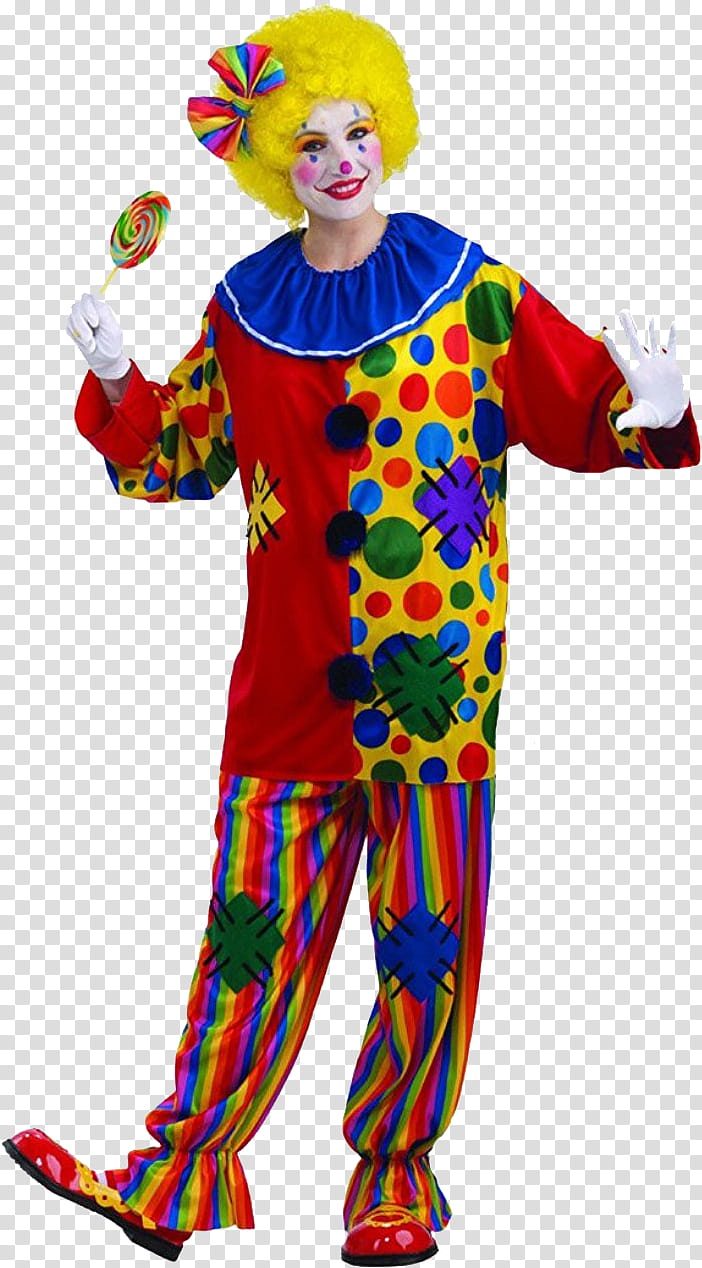 Vibrant clown in colorful polka-dot and striped costume holding a lollipop, smiling with white gloves and yellow wig.