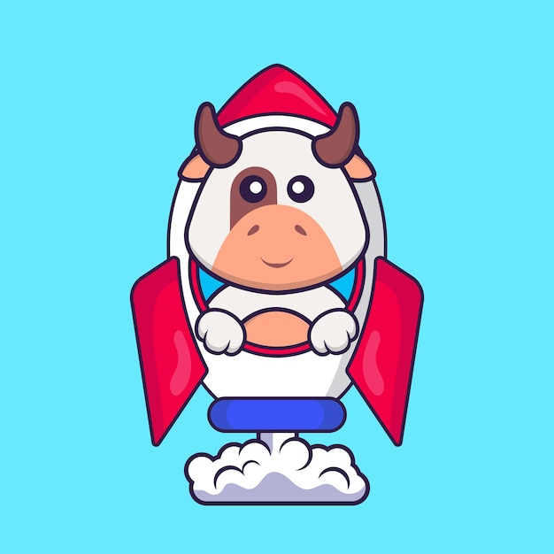 Cute cartoon cow wearing Santa hat, piloting a red-and-white rocket with smoke trail against blue background.