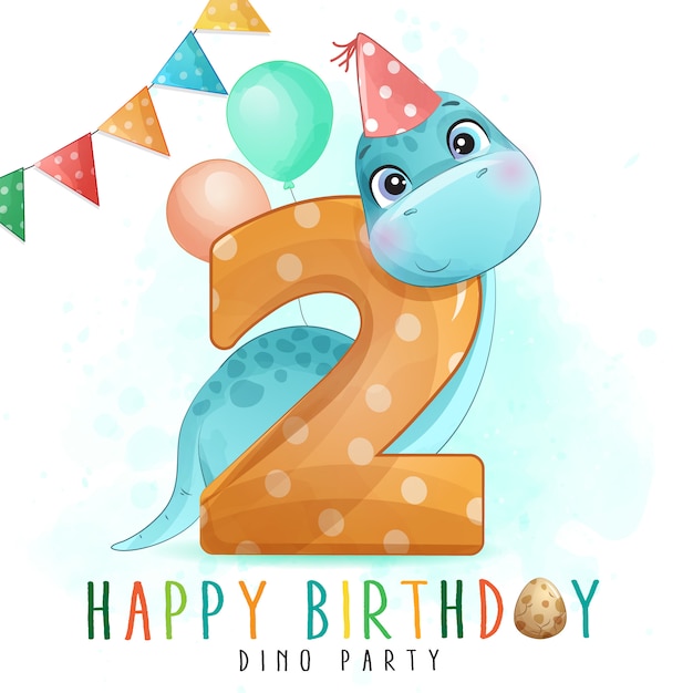 Cute blue dinosaur wearing party hat behind number 2, celebrating a second birthday with balloons and bunting.