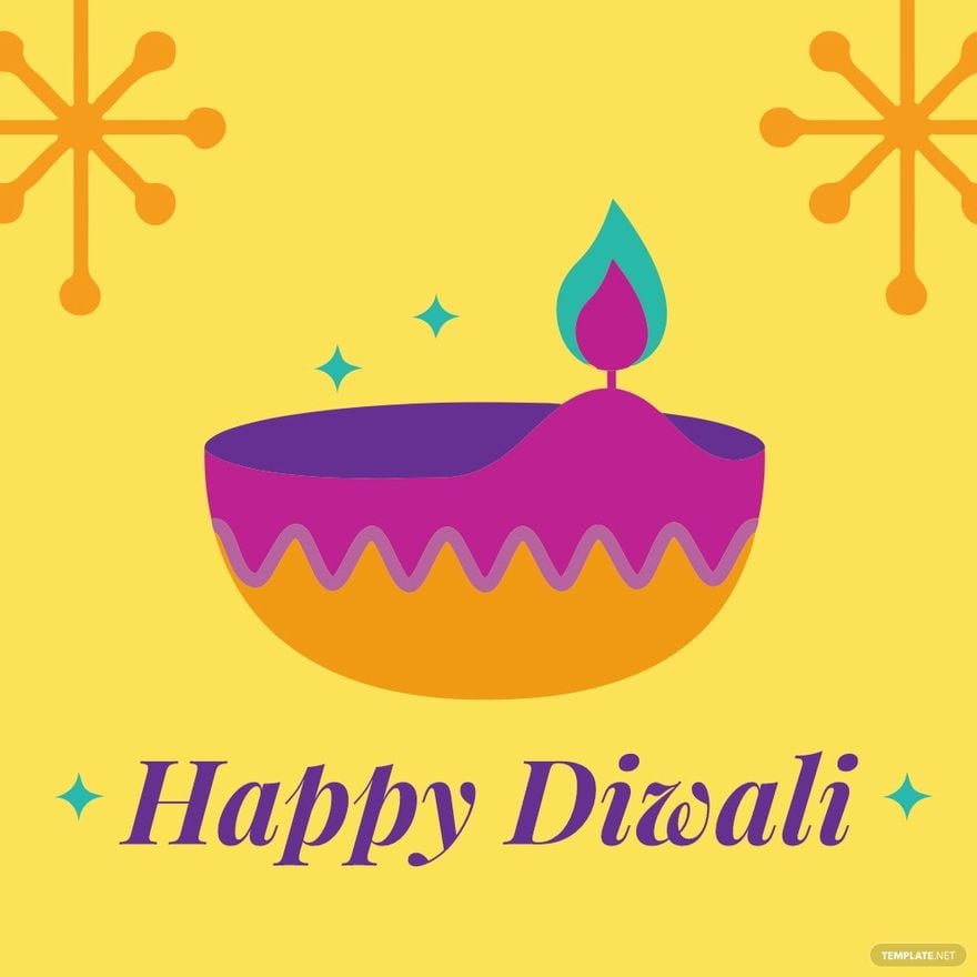 Colorful Diwali diya with purple and orange design, teal flame, and festive stars on yellow background.