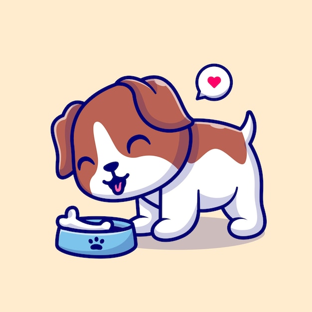 Cute brown-and-white puppy happily eating from a blue bowl with a heart speech bubble.