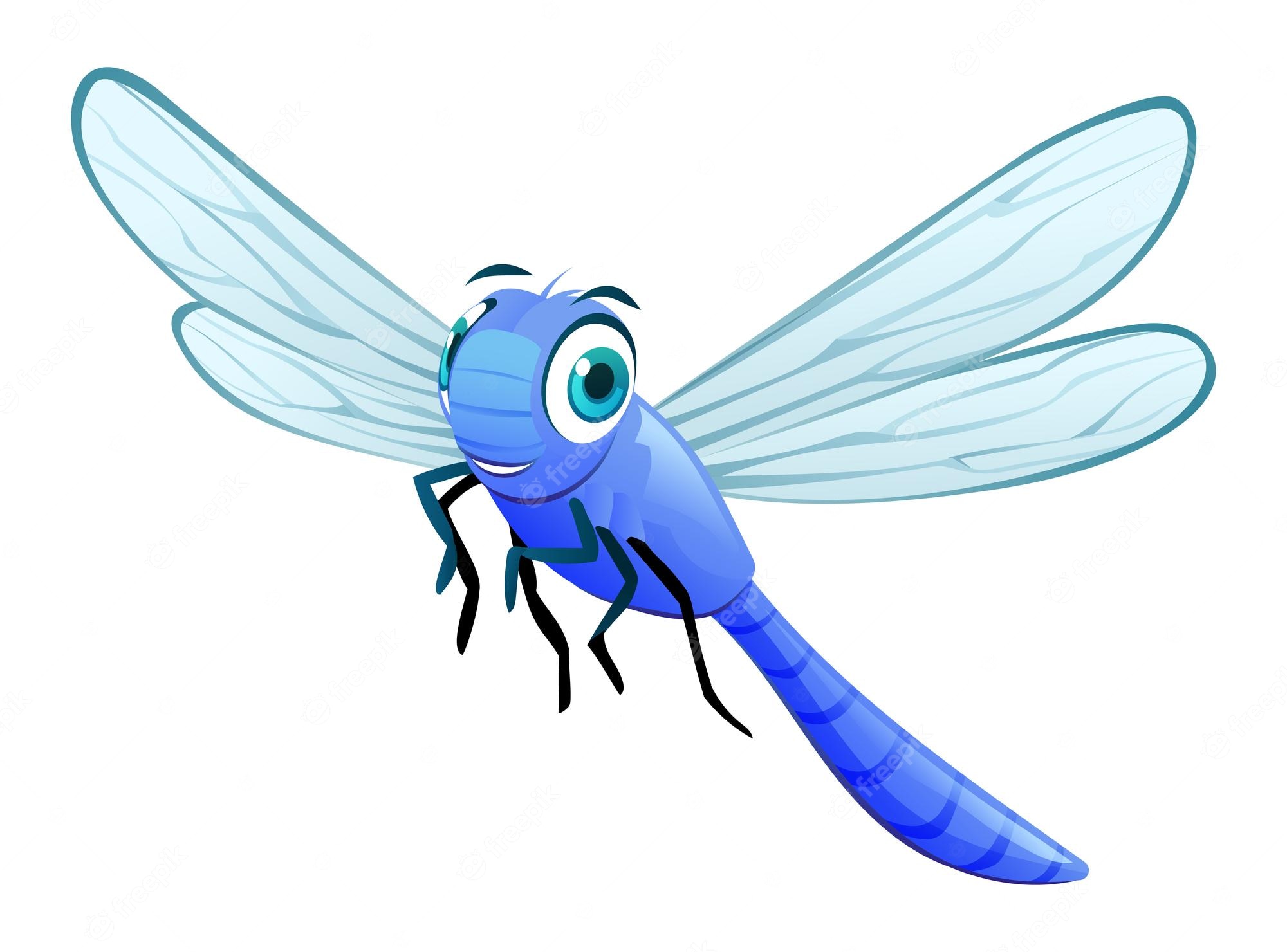 Cheerful blue cartoon dragonfly with large eyes and transparent wings, flying against white background.