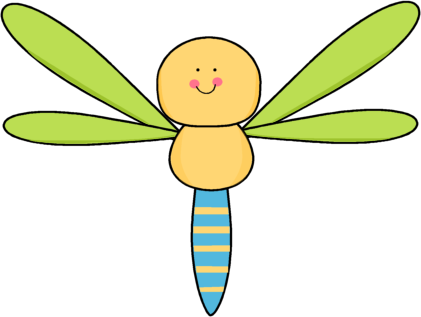 A cheerful cartoon dragonfly with a yellow body, green wings, and a striped blue tail, smiling against a black background.