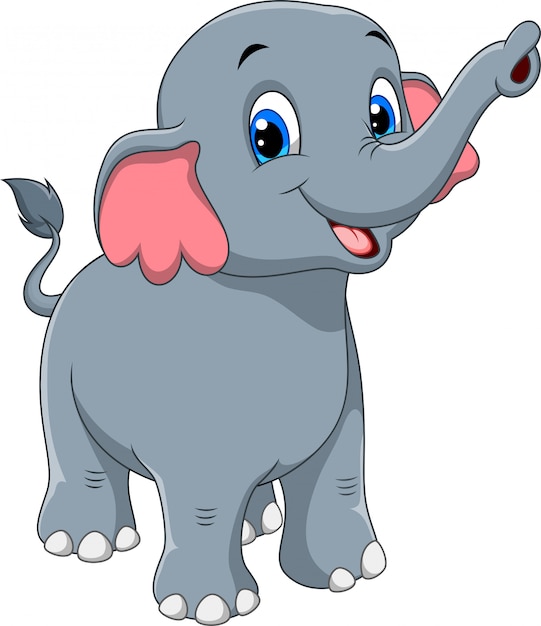 Cute cartoon baby elephant with blue eyes, pink ears, and raised trunk smiling joyfully.