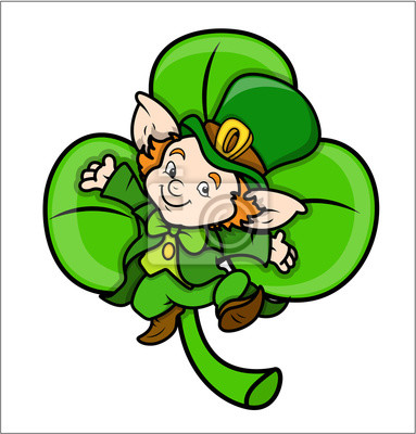 Cheerful leprechaun peeking from a large green shamrock, wearing a green hat and outfit with gold accents.
