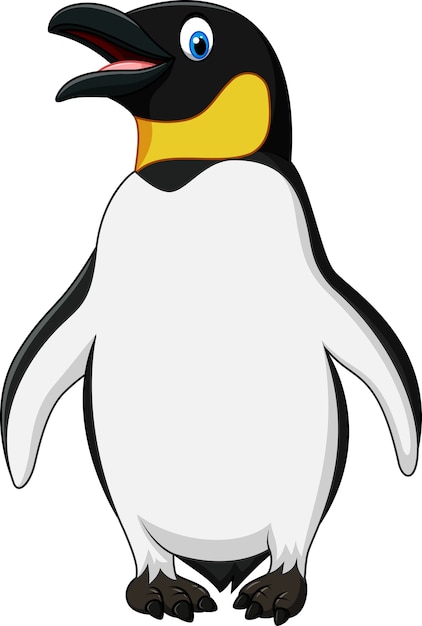 Cartoon emperor penguin with open beak, blue eye, yellow neck patch, and black-and-white plumage standing upright.