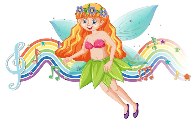 A cheerful fairy with orange hair, flower crown, and green leaf skirt dancing beside a rainbow musical staff with notes and stars.