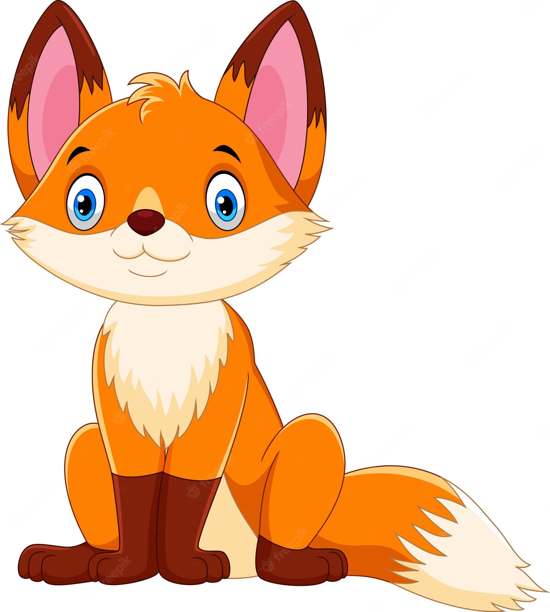 Cute cartoon fox sitting upright with big blue eyes, orange fur, and a fluffy white-tipped tail.