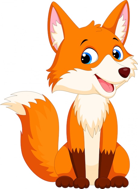 Cheerful cartoon fox sitting upright with bright blue eyes and a friendly smile.