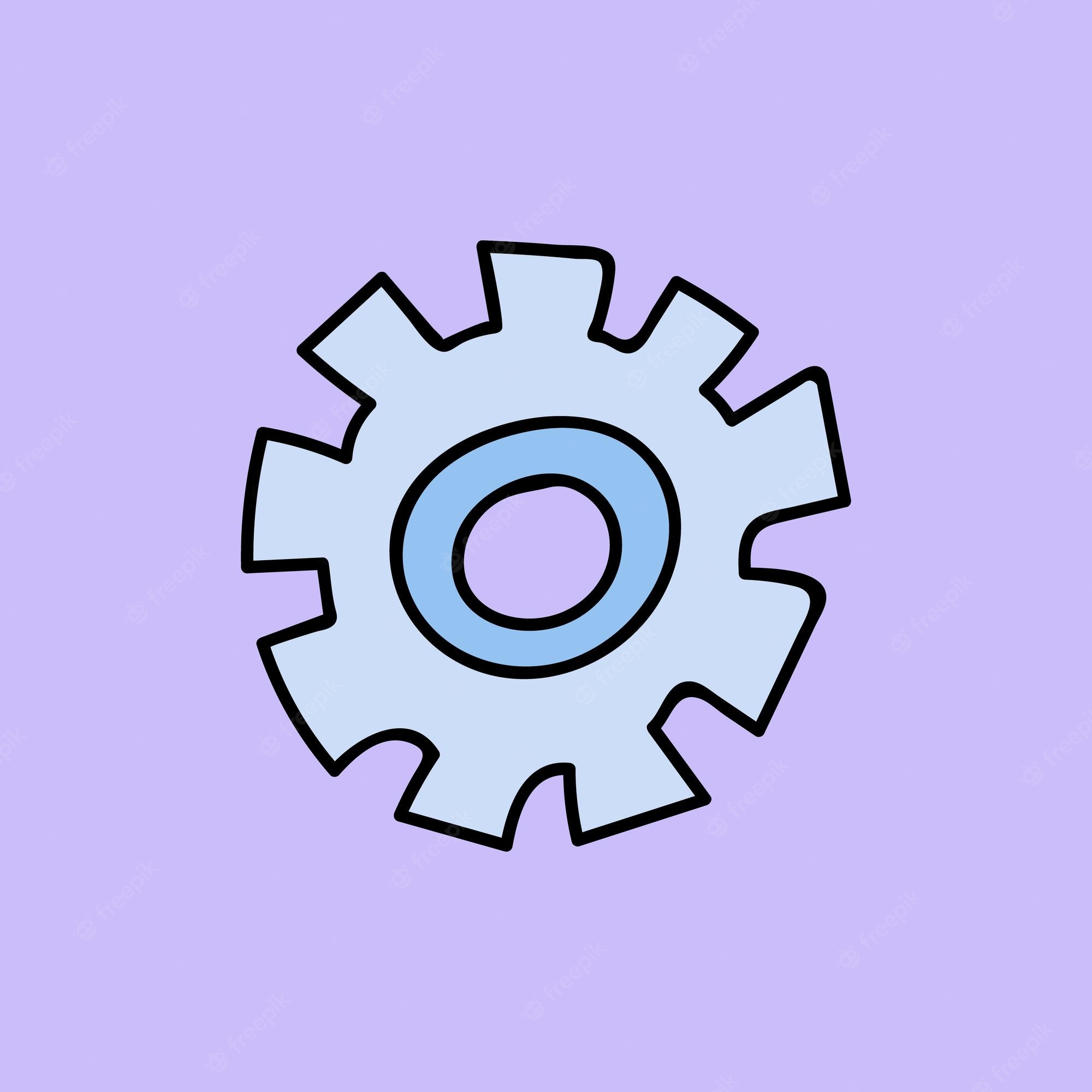 Light blue gear icon with black outline on lavender background, symbolizing settings or configuration.