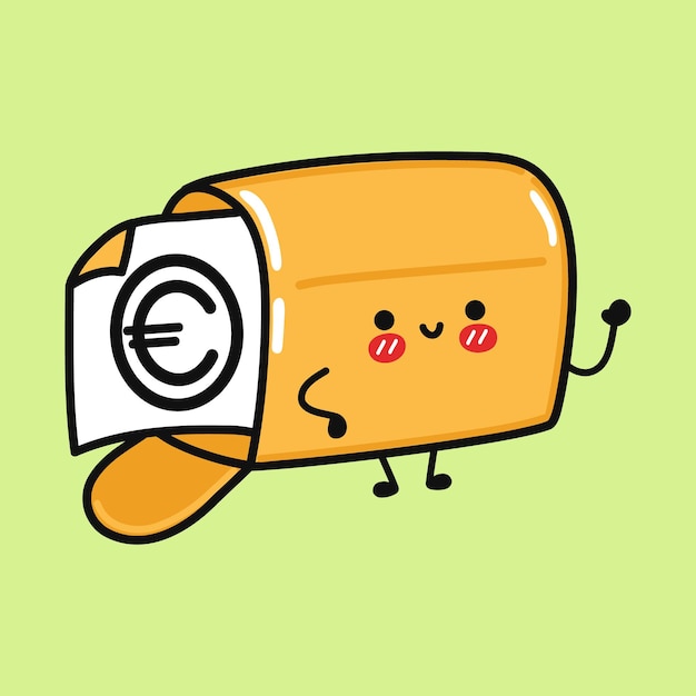 A cheerful orange wallet character holding a euro banknote, waving with a friendly smile on a light green background.