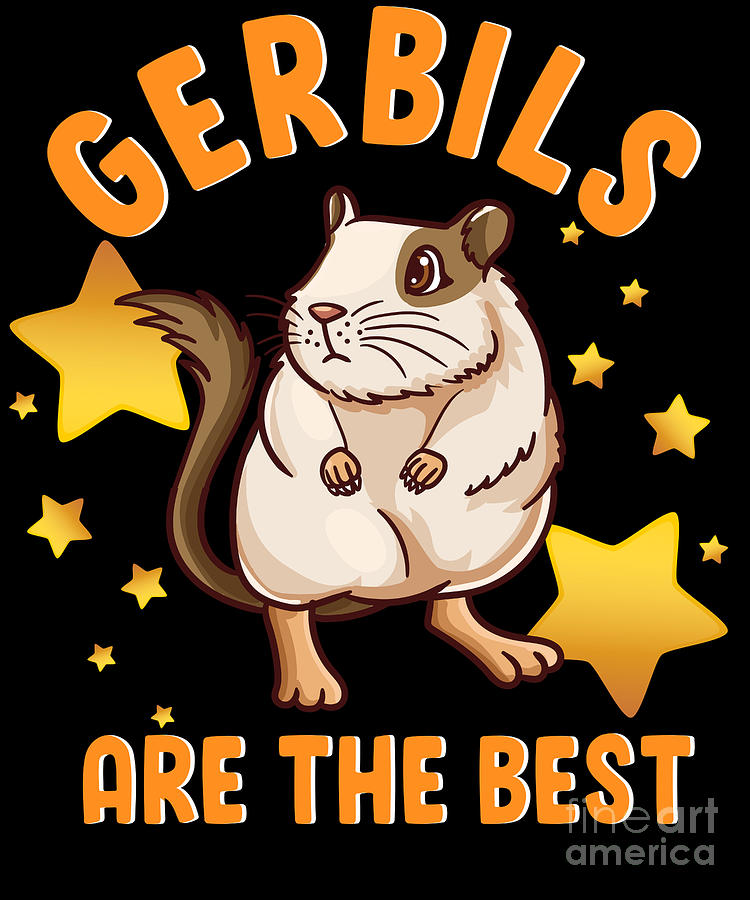 A cartoon gerbil with beige fur and brown patches stands proudly among golden stars, with bold orange text reading "GERBILS ARE THE BEST".
