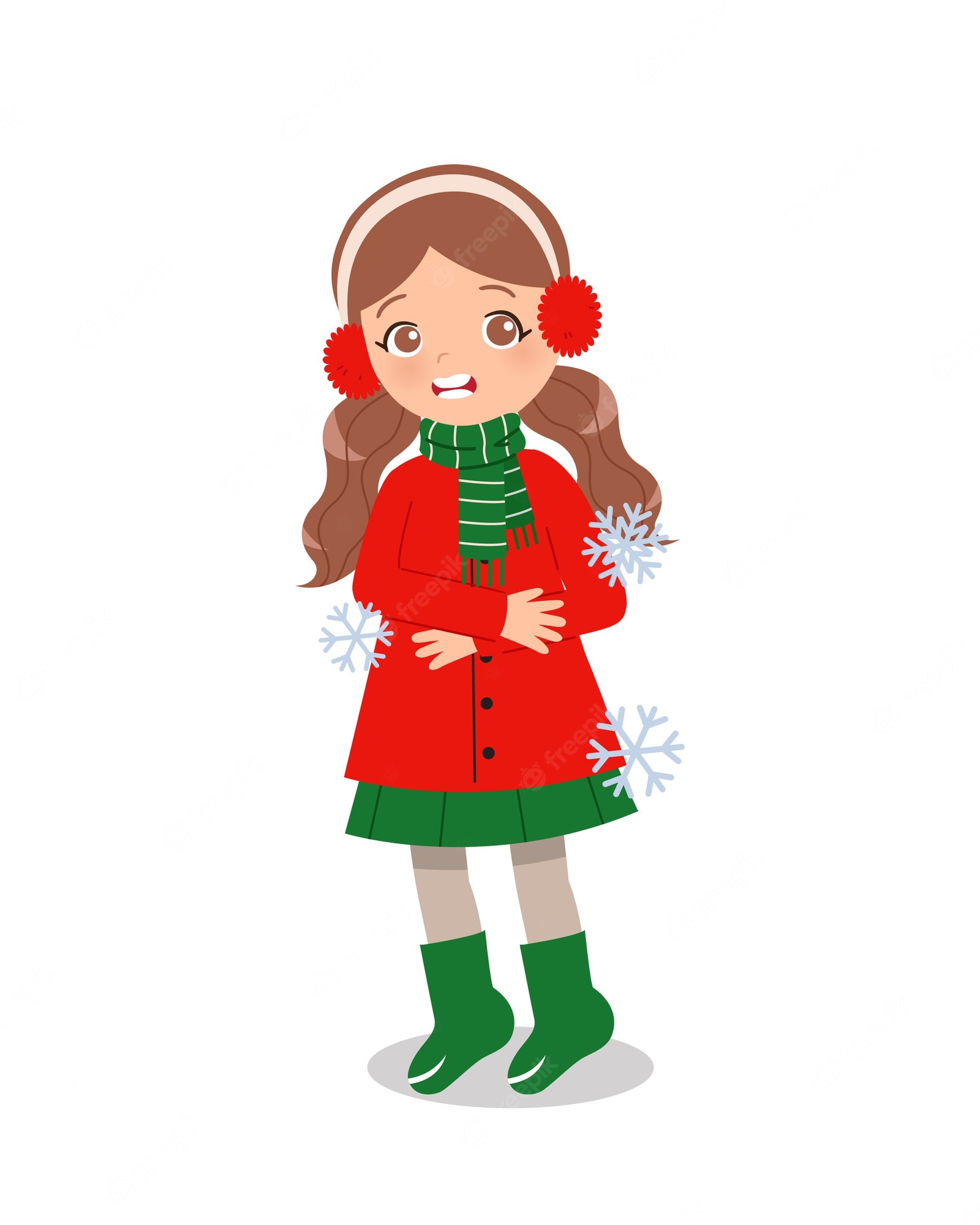 A cartoon girl in a red winter coat, green scarf and boots, with red earmuffs and snowflakes around her.