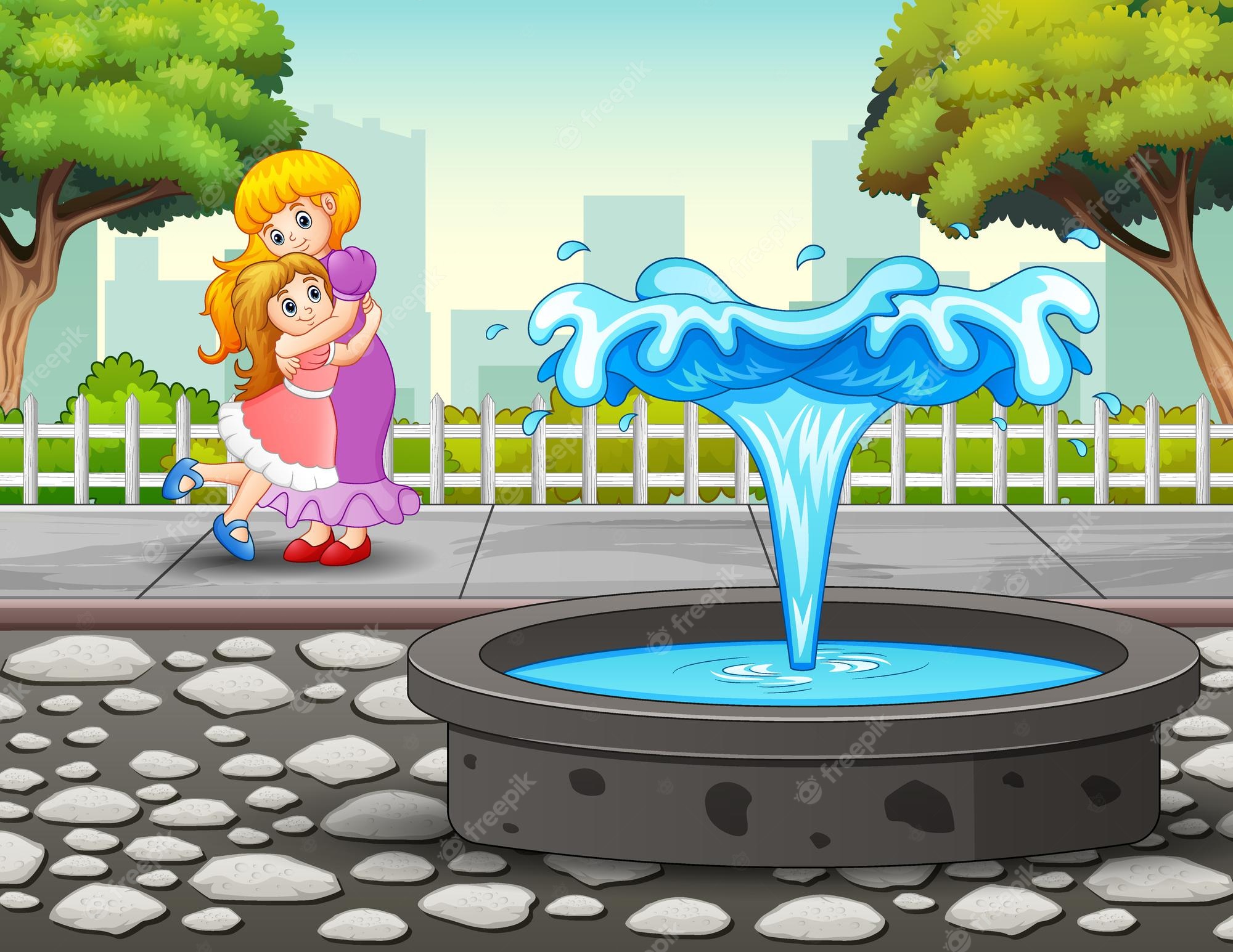 A mother and daughter hugging beside a splashing fountain in a park with trees and city skyline.