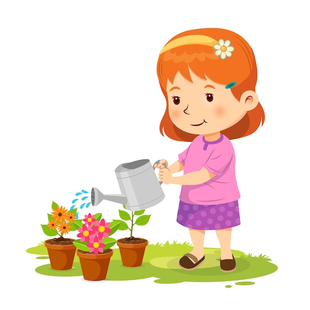 A smiling girl with orange hair waters potted flowers with a silver watering can on green grass.